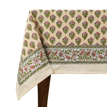 Hand Block Printed Floral Pink Orange Cotton Rectangle Tablecloth - My Store