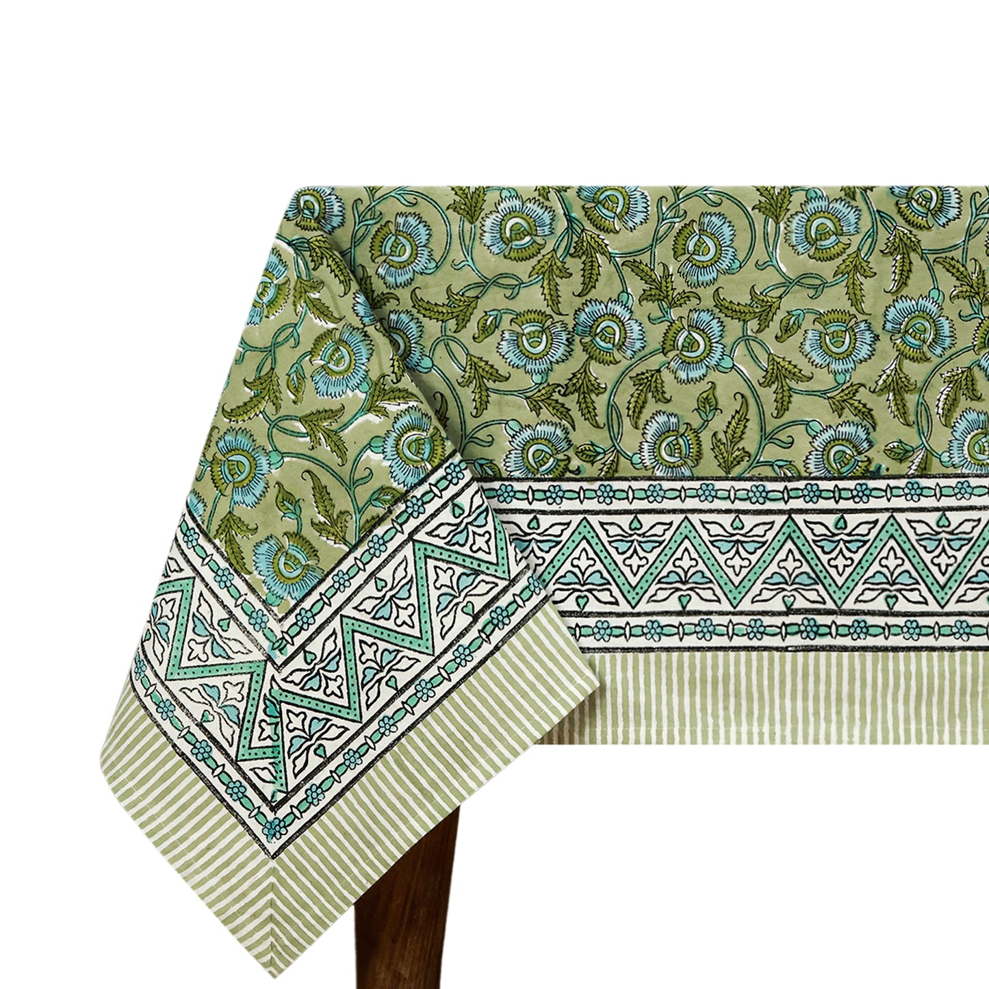 Indian Hand Block Printed Cotton Green Blue Rectangle Tablecloth - My Store