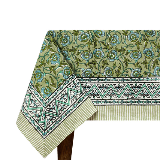 Indian Hand Block Printed Cotton Green Blue Rectangle Tablecloth - My Store