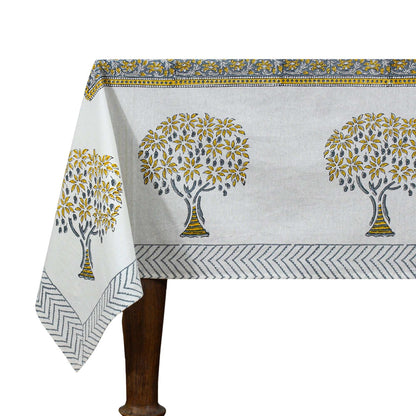 Hand Block Printed Gray and Yellow Tree Printed Cotton Tablecloth - My Store