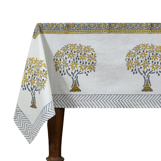 Hand Block Printed Gray and Yellow Tree Printed Cotton Tablecloth - My Store