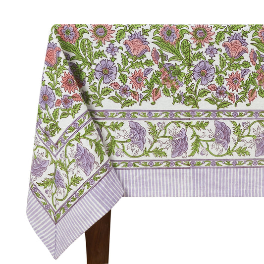 Purple and Green Hand Block Printed Rectangle Table Cover, Dinning Tablecloth - My Store