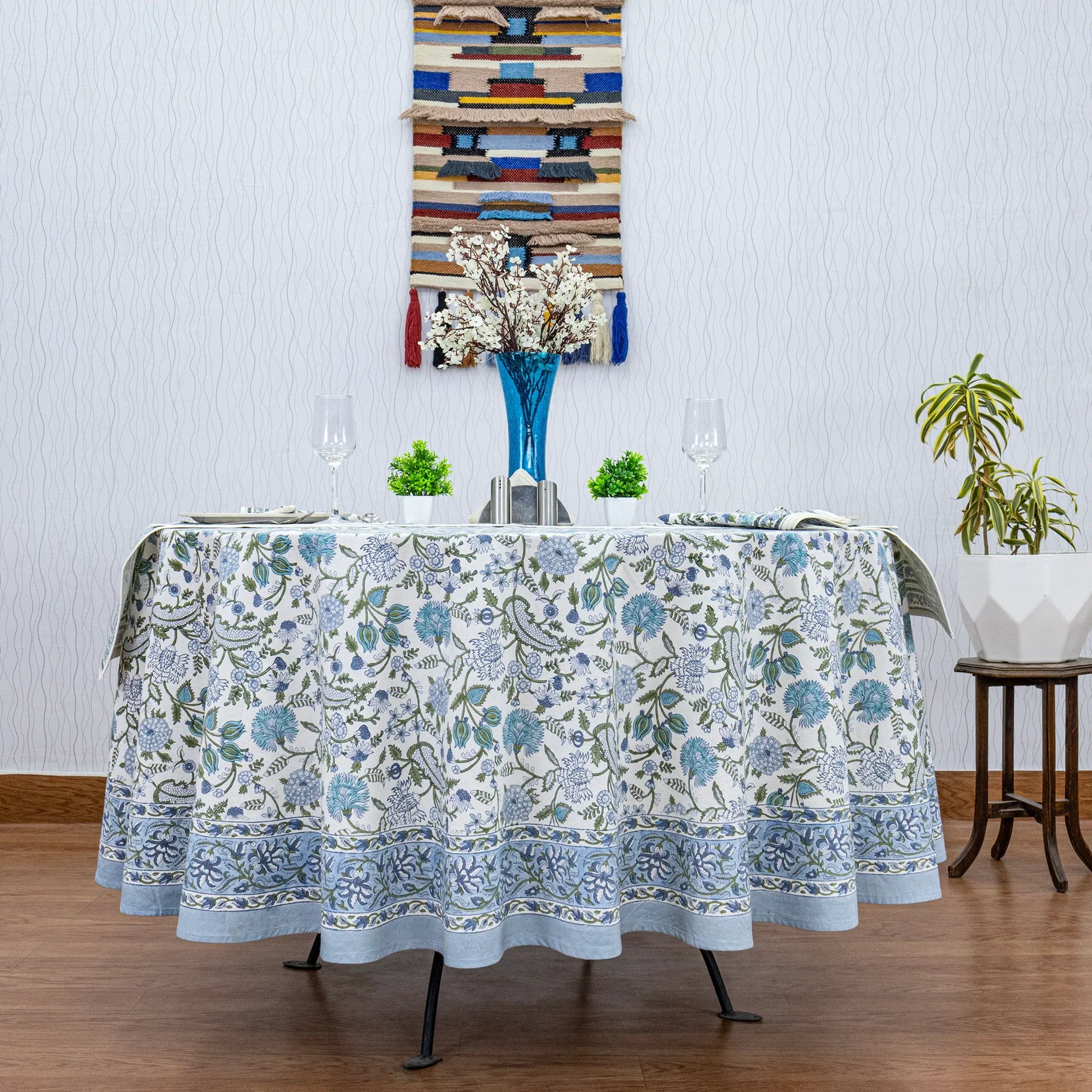 Baby Blue and White Floral Block Printed Round Table Cover - My Store