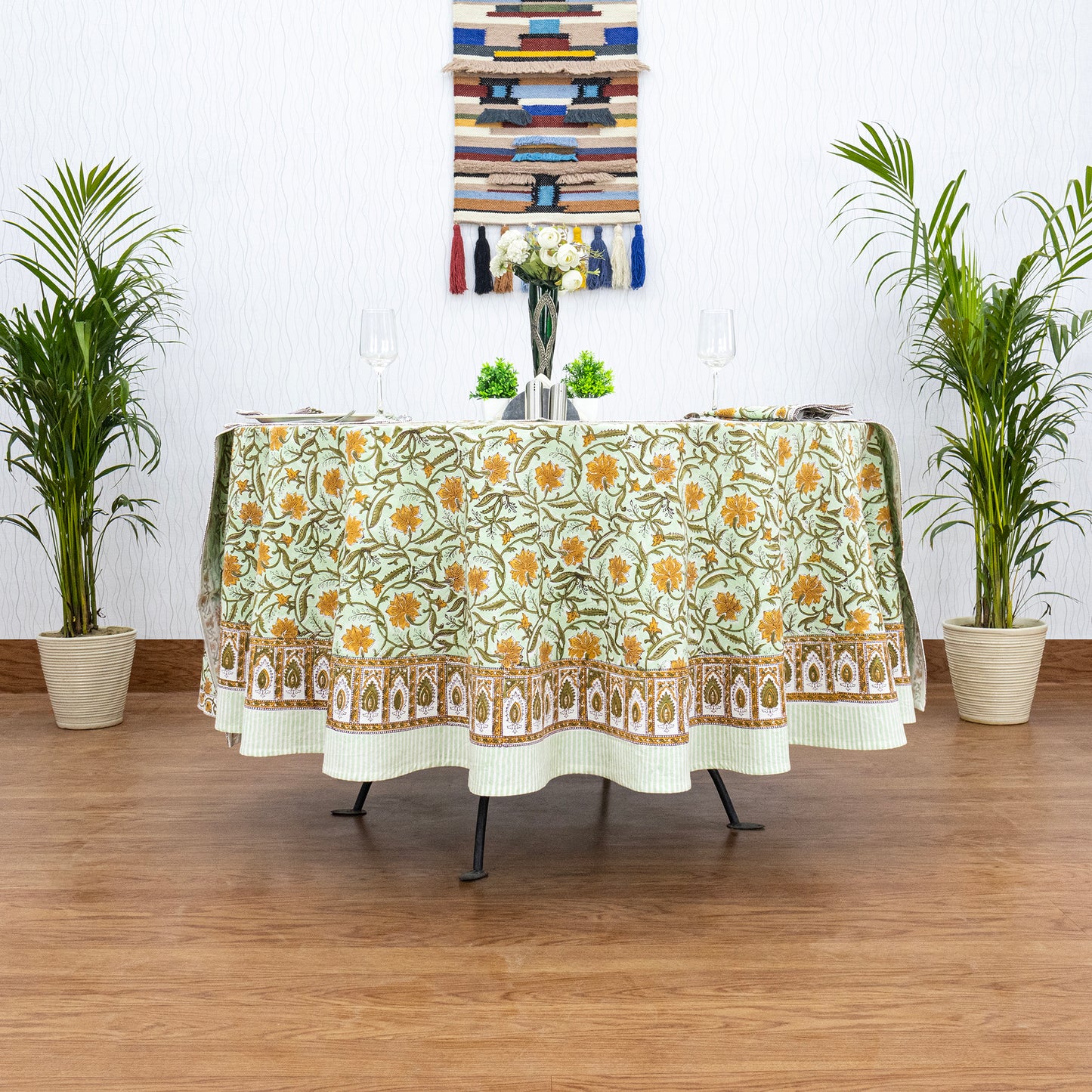 Green and Orange Hand Block Printed Cotton Tablecloth - My Store