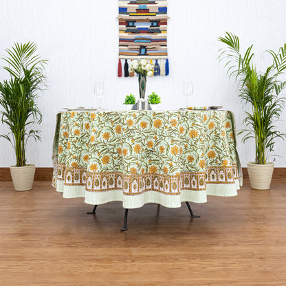 Green and Orange Hand Block Printed Cotton Tablecloth - My Store