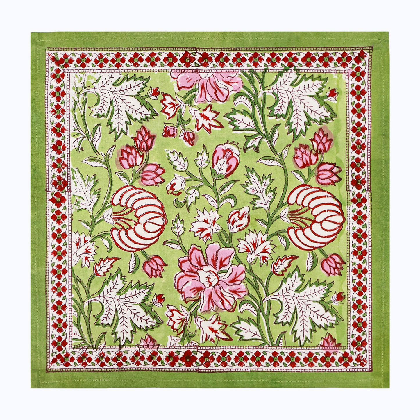 Green and Red Hand Block Printed Cotton Napkins Set Of 4 - My Store