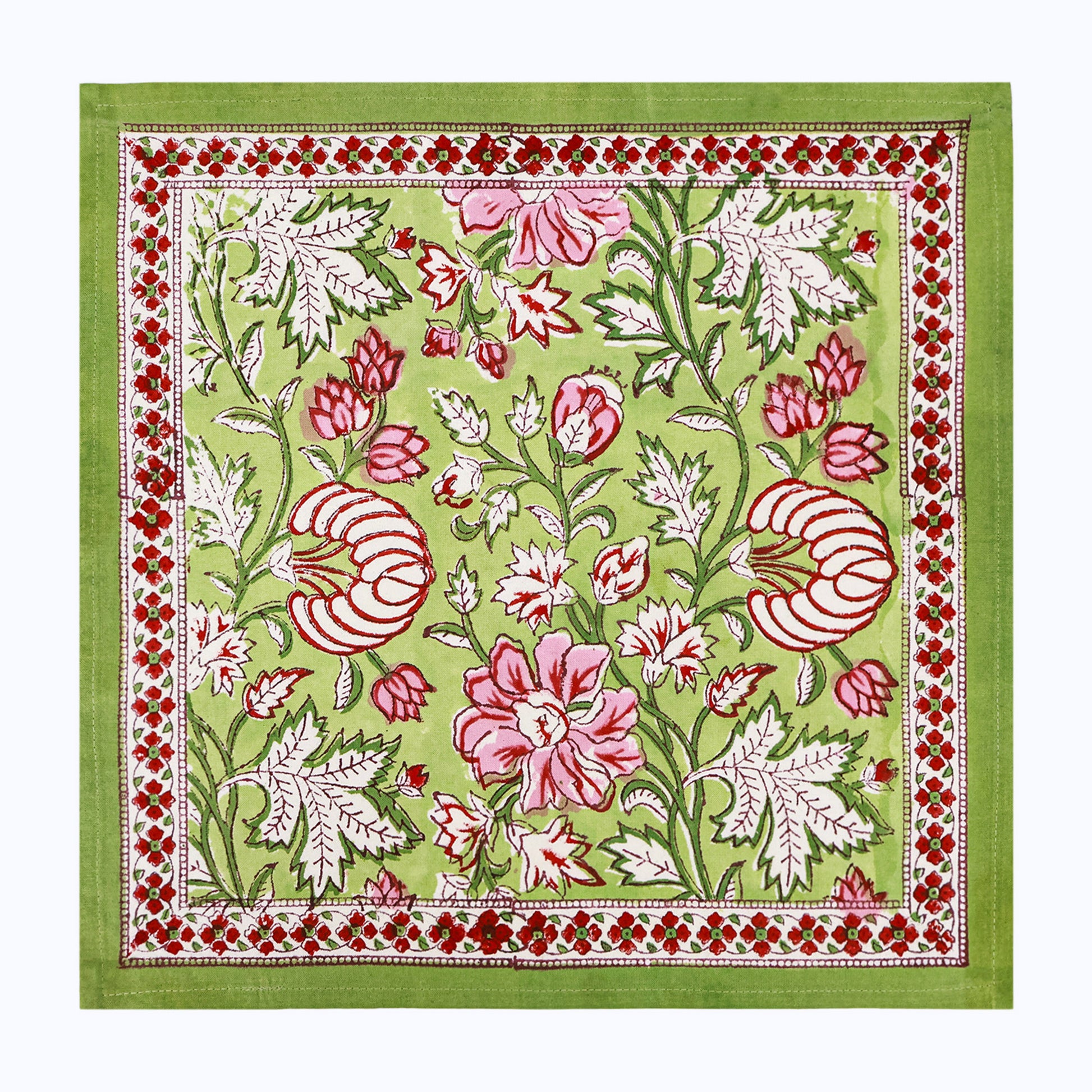 Green and Red Hand Block Printed Cotton Napkins Set Of 4 - My Store