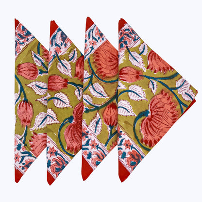 Red and Pink Handmade Block Printed Cotton Napkin Set Of 4 - My Store