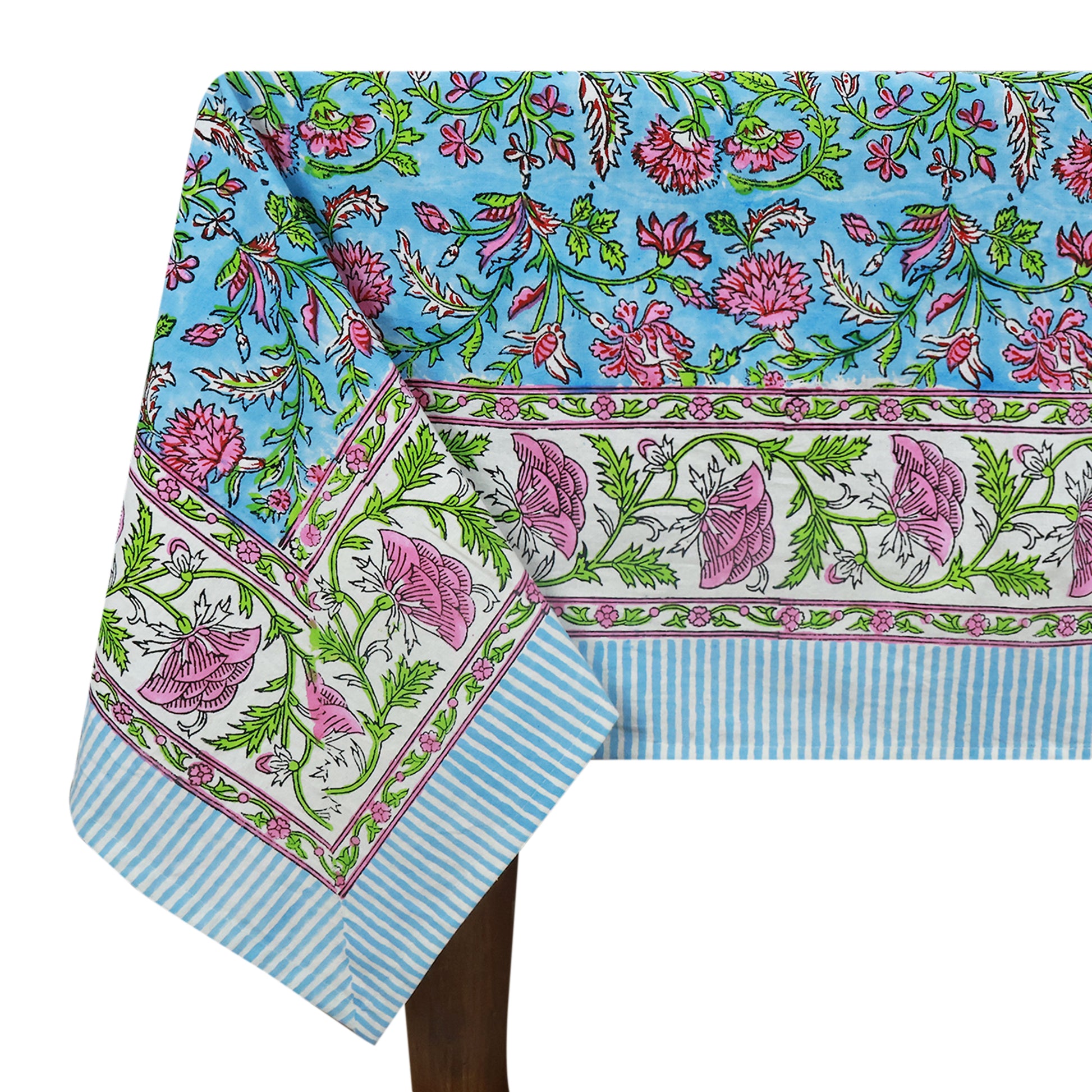 Blue and Pink Block Printed Tablecloth Cotton Rectangle Table Cover - My Store