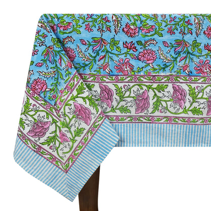 Blue and Pink Block Printed Tablecloth Cotton Rectangle Table Cover - My Store