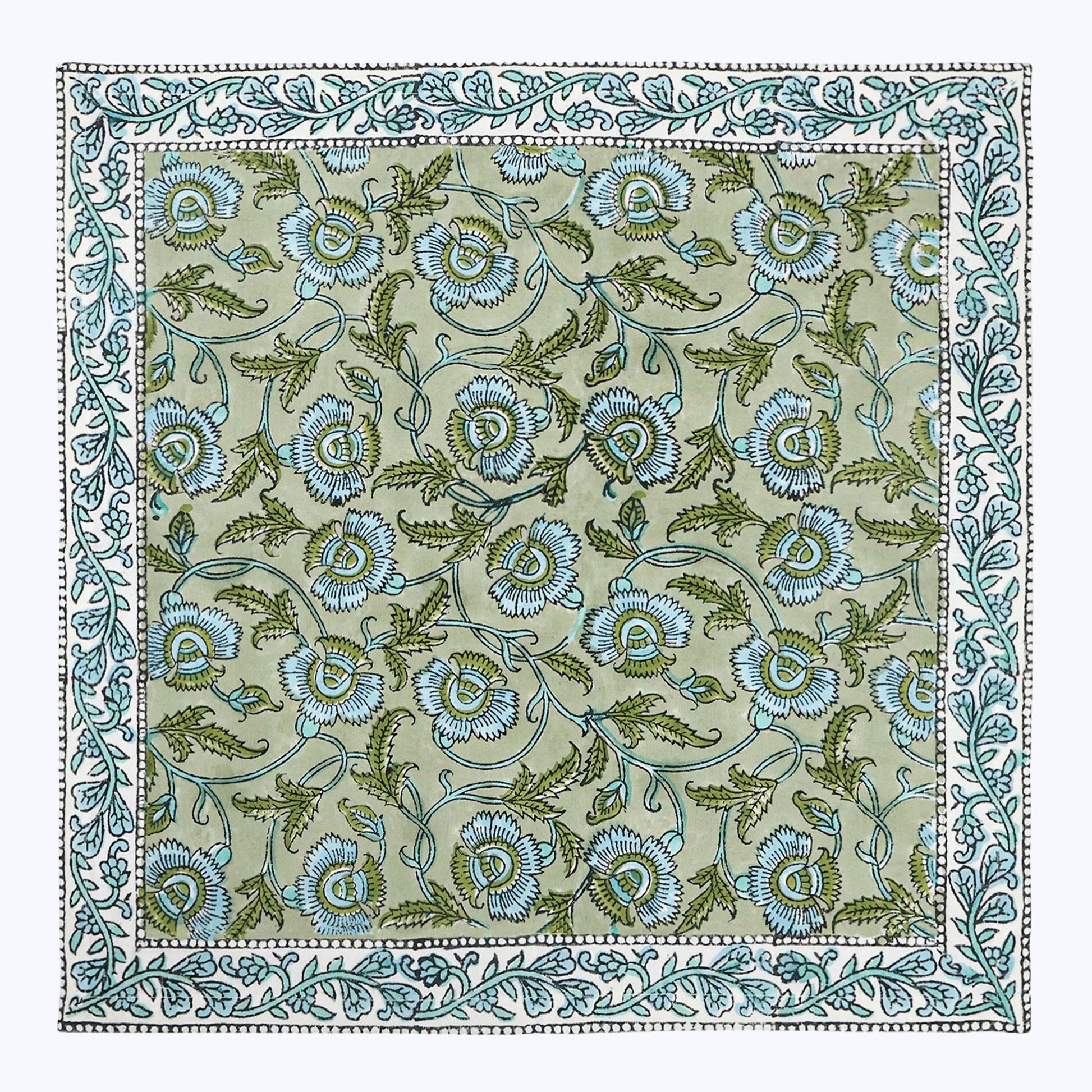 Green With Blue Handmade Block Printed Cotton Napkins Set Of 4 - My Store