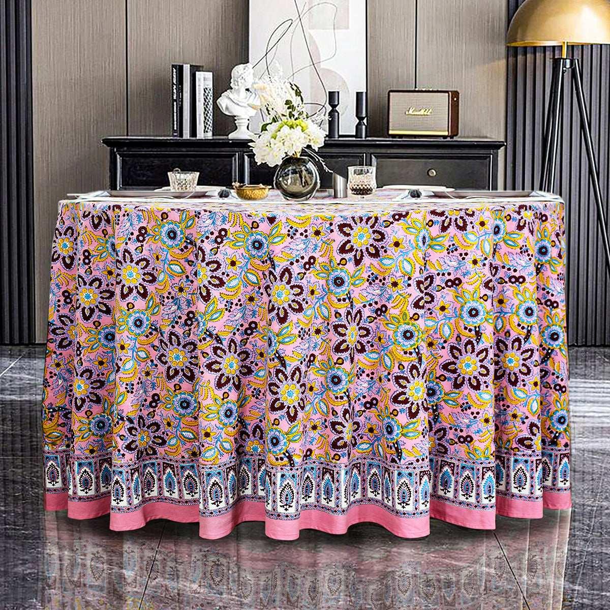 Pink and Blue Round Table Cloth, Indian Block Printed - My Store