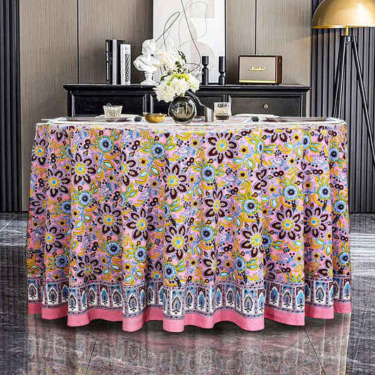 Pink and Blue Round Table Cloth, Indian Block Printed - My Store