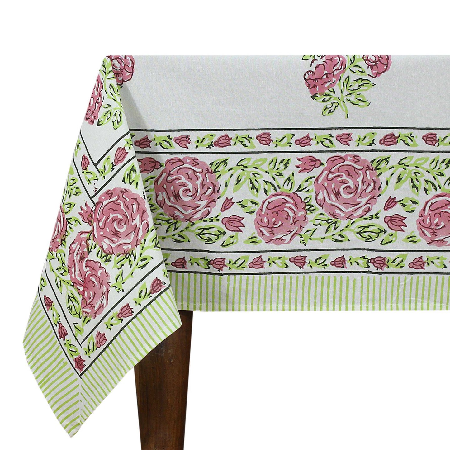 Rectangle Green With White Cotton Block Printed Table Cloth - My Store