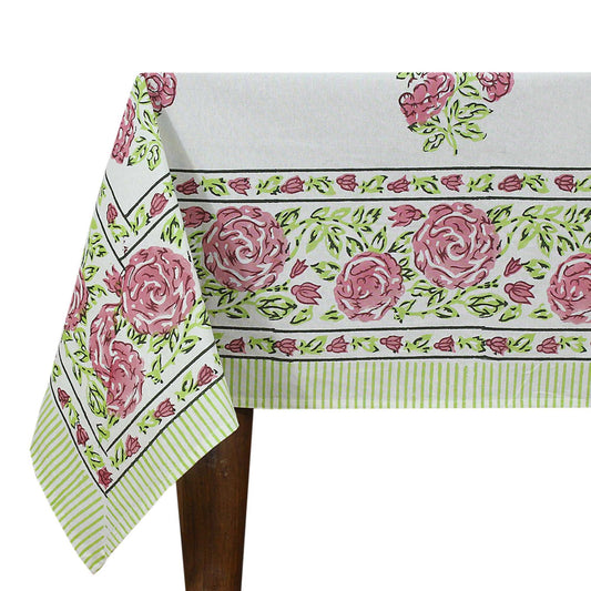 Rectangle Green With White Cotton Block Printed Table Cloth - My Store