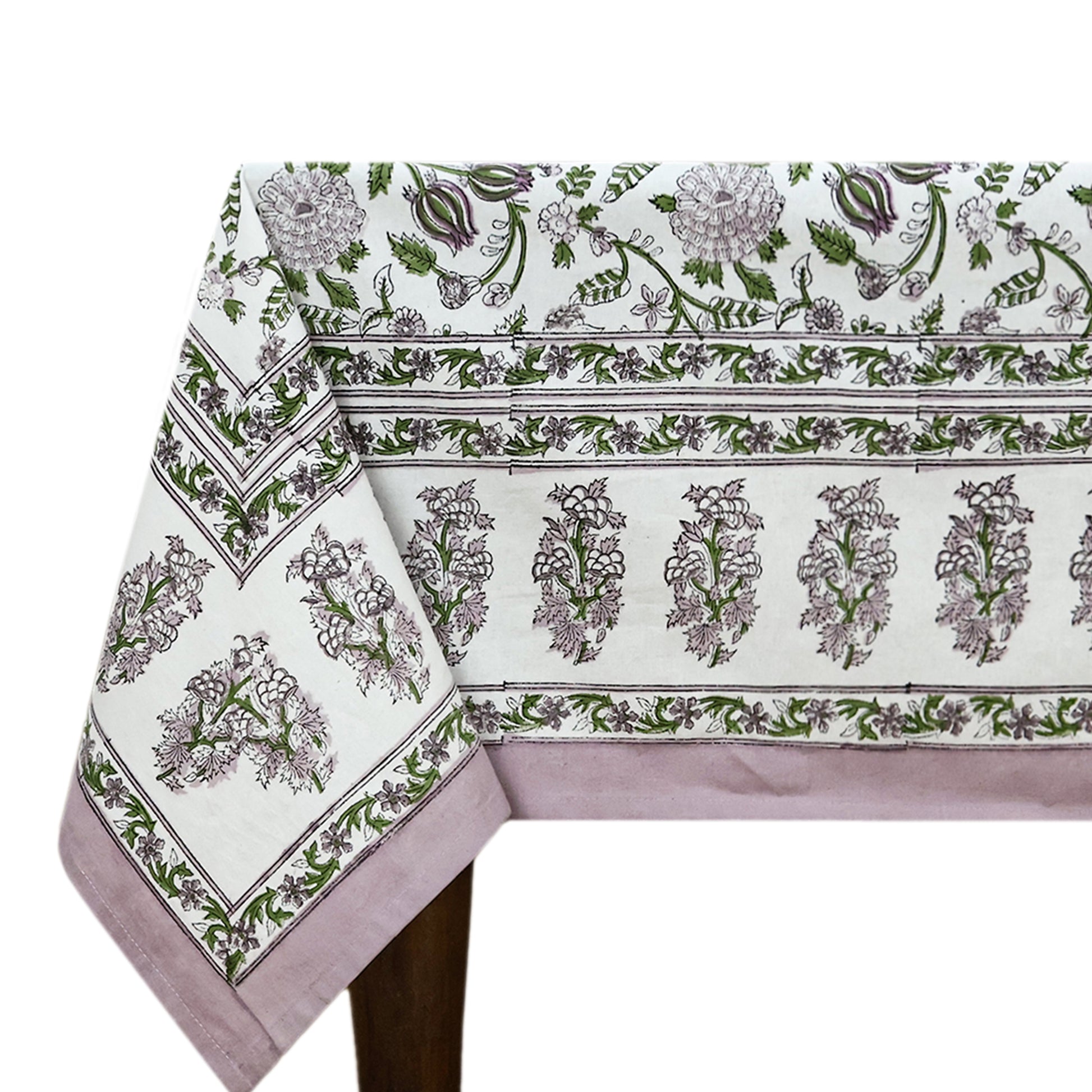 Floral Rectangle Purple Green Hand Block Printed Tablecloth for Dinning Table Cover - My Store