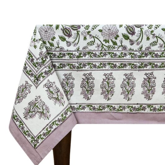 Floral Rectangle Purple Green Hand Block Printed Tablecloth for Dinning Table Cover - My Store