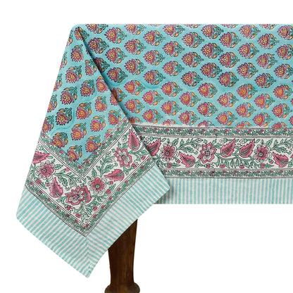 Indian Hand Block Printed Floral Blue Cotton Washable Tablecloth - My Store