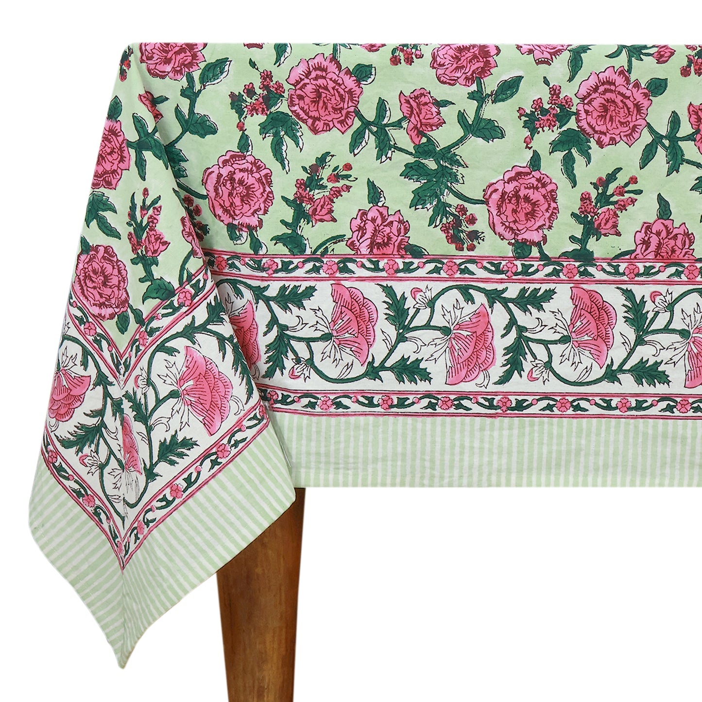 Rectangle Block Printed Cotton Pink and Green Tablecloth - My Store