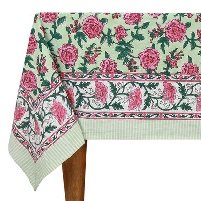 Rectangle Block Printed Cotton Pink and Green Tablecloth - My Store