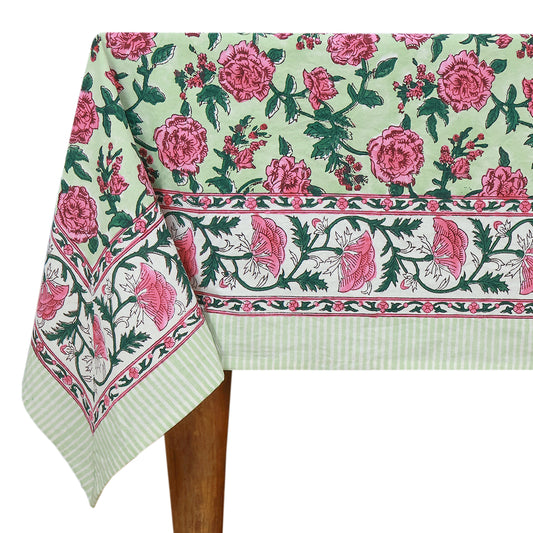 Rectangle Block Printed Cotton Pink and Green Tablecloth - My Store