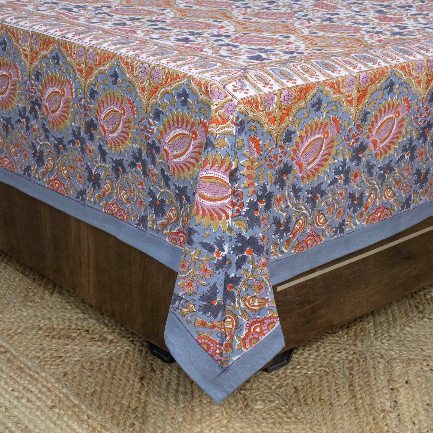 Indian Handmade Block Printed Orange and Multicolor Floral Pattern Cotton Bed sheet For living Room, Kids Room - My Store