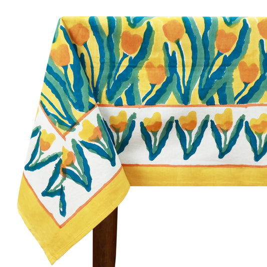 Yellow Green Block Printed Cotton Tablecloth For Dinning Decor - My Store