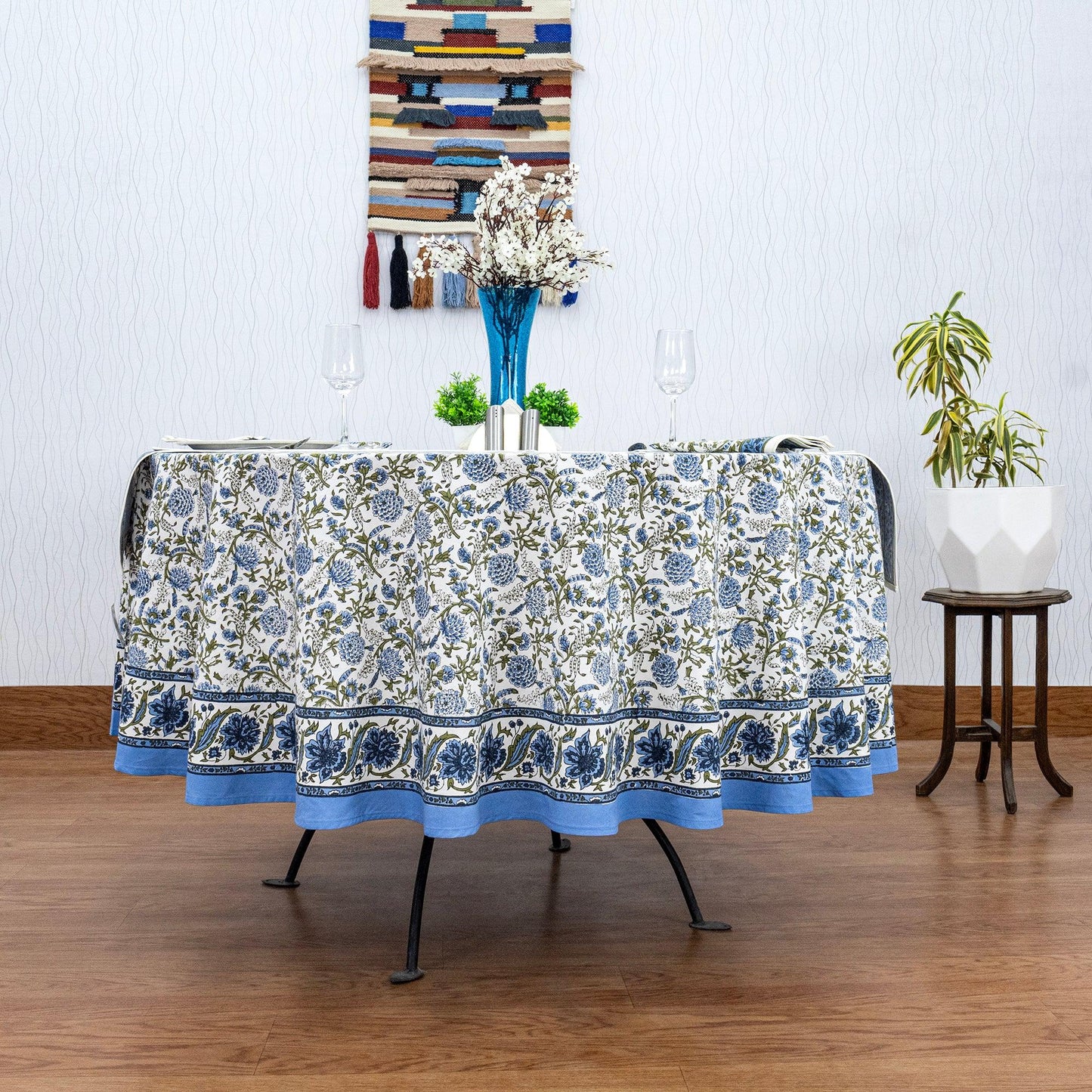 Blue & White Round Tablecloth, Dining Table Decor, Block Printed Mats, Valentine Gifts - My Store