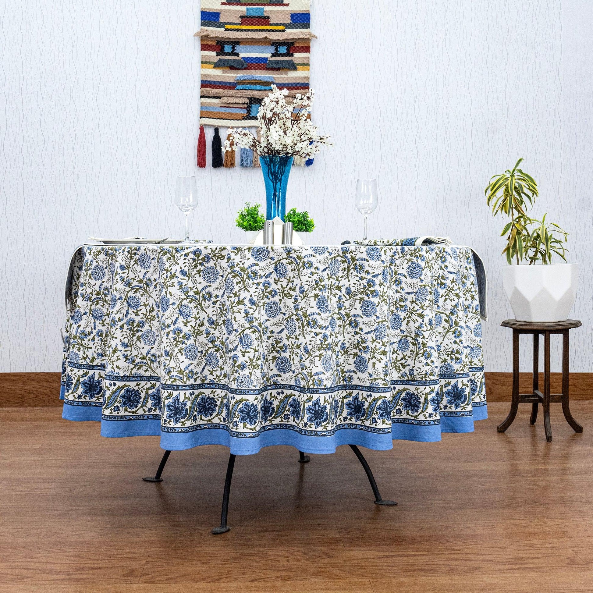 Blue & White Round Tablecloth, Dining Table Decor, Block Printed Mats, Valentine Gifts - My Store