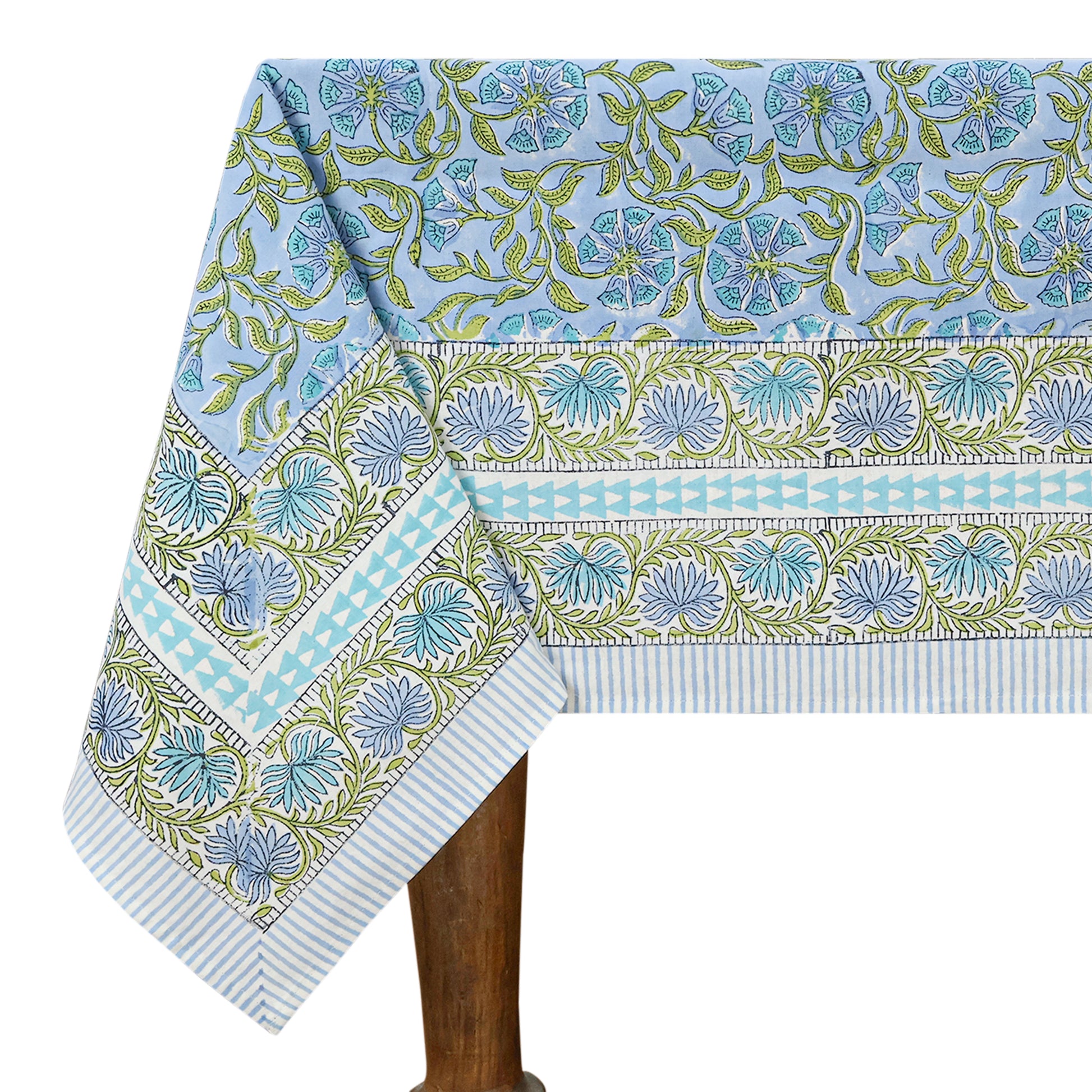 Rectangle Blue Green Hand Block Printed Floral Dinning Table Cover, Tablecloth - My Store