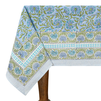 Rectangle Blue Green Hand Block Printed Floral Dinning Table Cover, Tablecloth - My Store