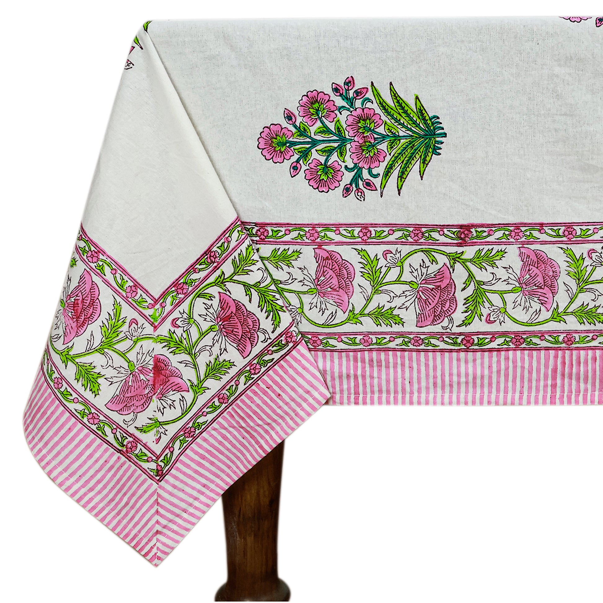 White and Pink Rectangle Floral Cotton Block Printed Tablecloth - My Store