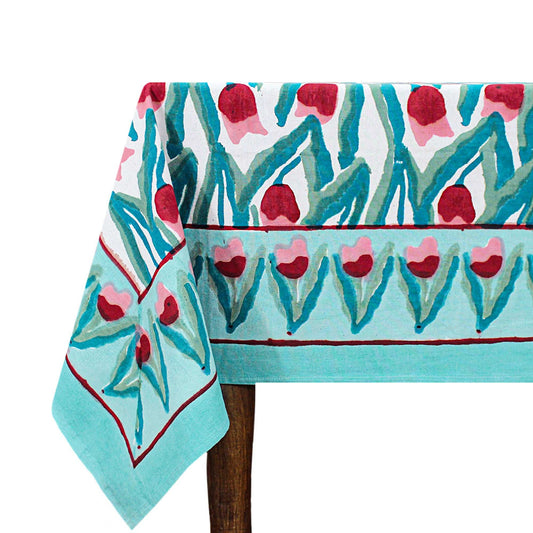Handmade Green and Red Floral Block Printed Tablecloth - My Store