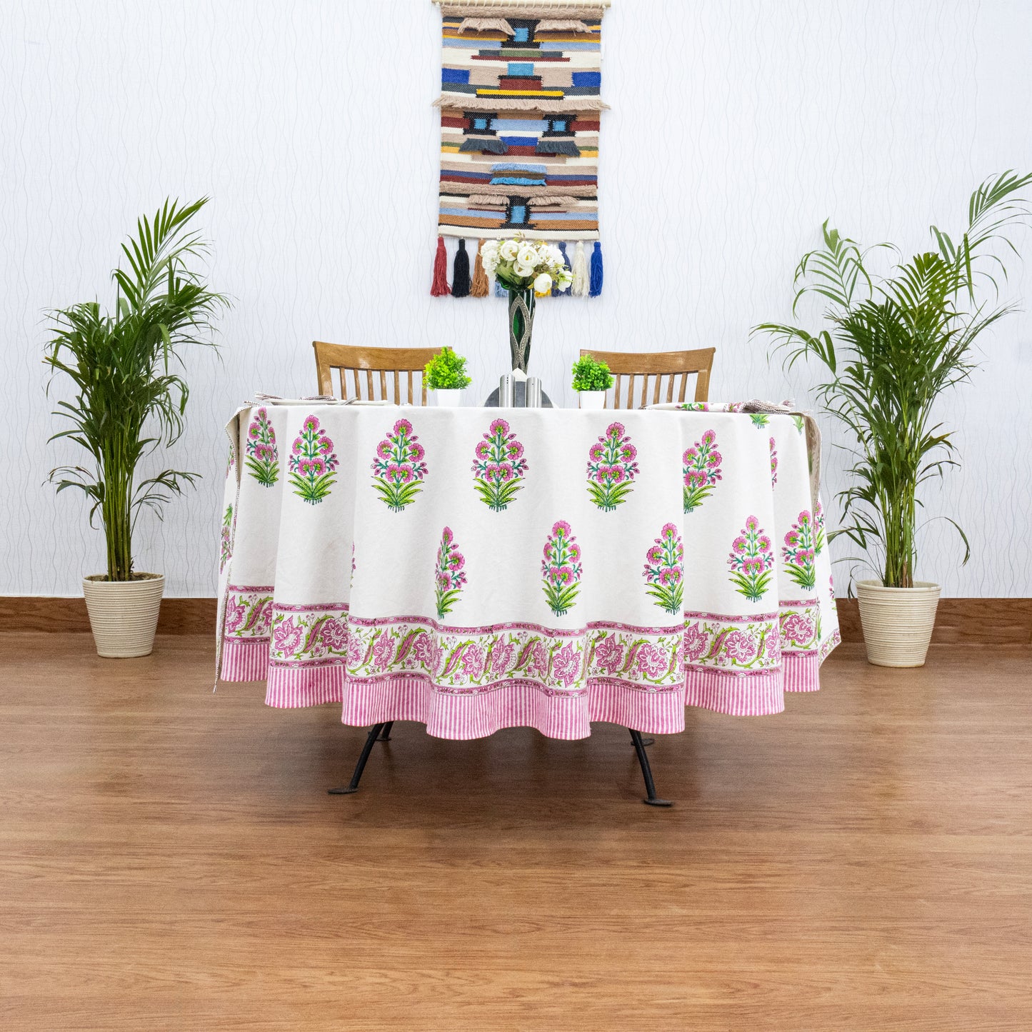 White and Pink Handmade Block Printed Cotton Tablecloth - My Store