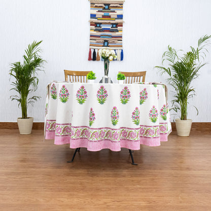 White and Pink Handmade Block Printed Cotton Tablecloth - My Store