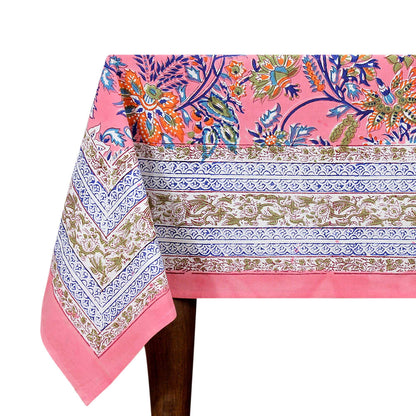 Pink and Blue Indian Block Floral Print 100% Pure Cotton Cloth Tablecloth - My Store