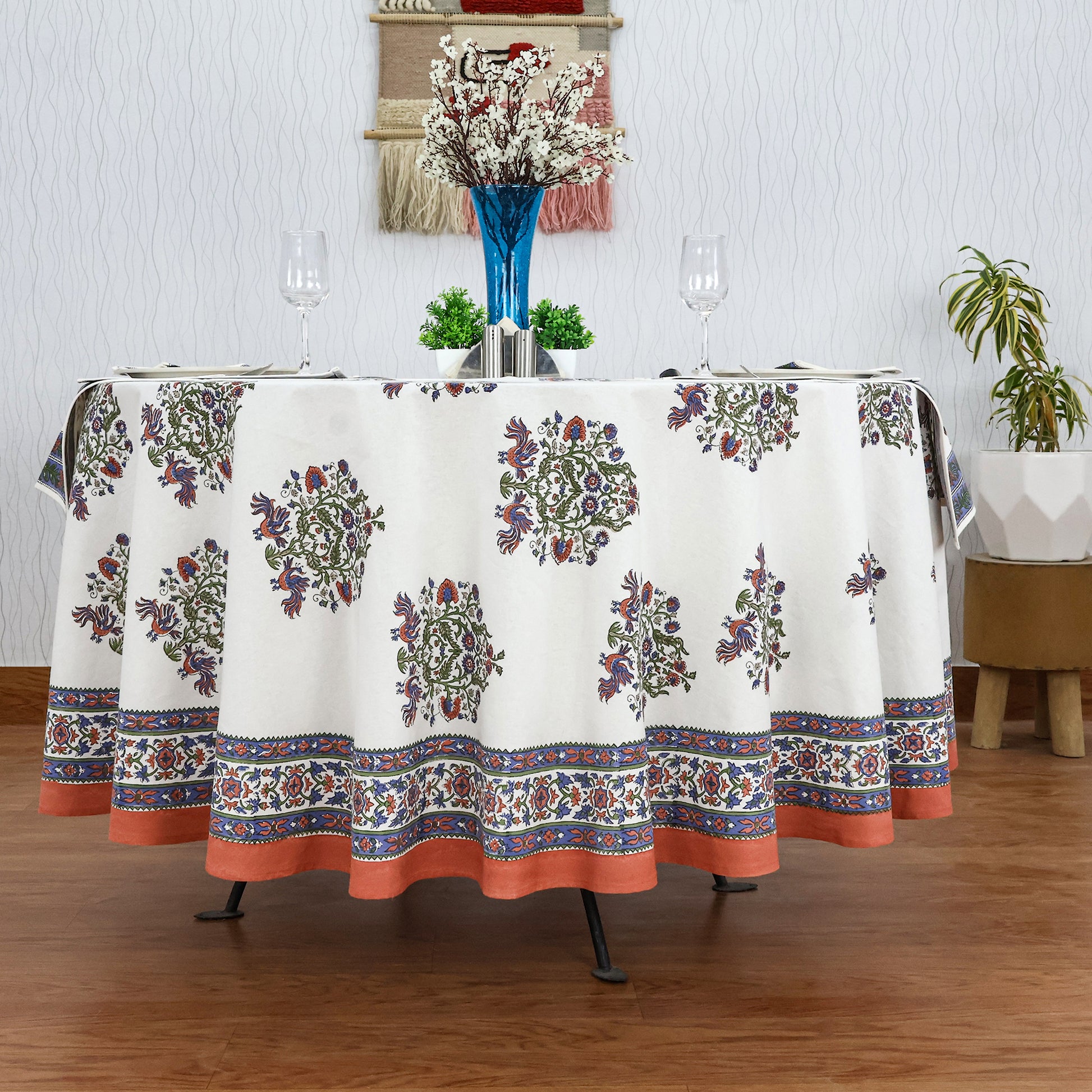 White and Blue Handmade Block Printed Cotton Tablecloth - My Store