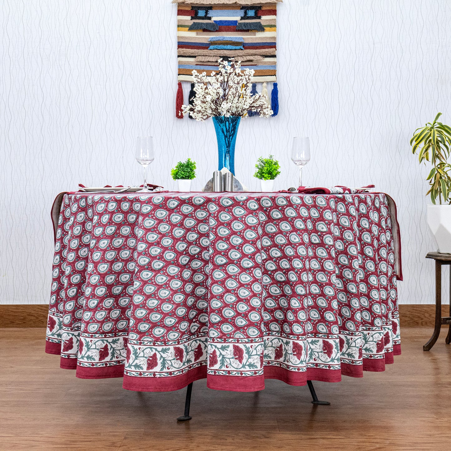 Red and White Cotton Hand Block Printed Round Tablecloth - My Store