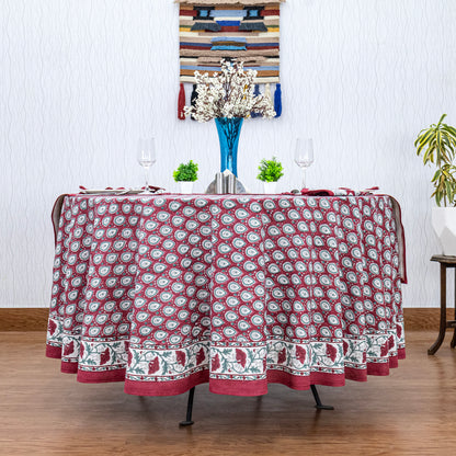 Red and White Cotton Hand Block Printed Round Tablecloth - My Store