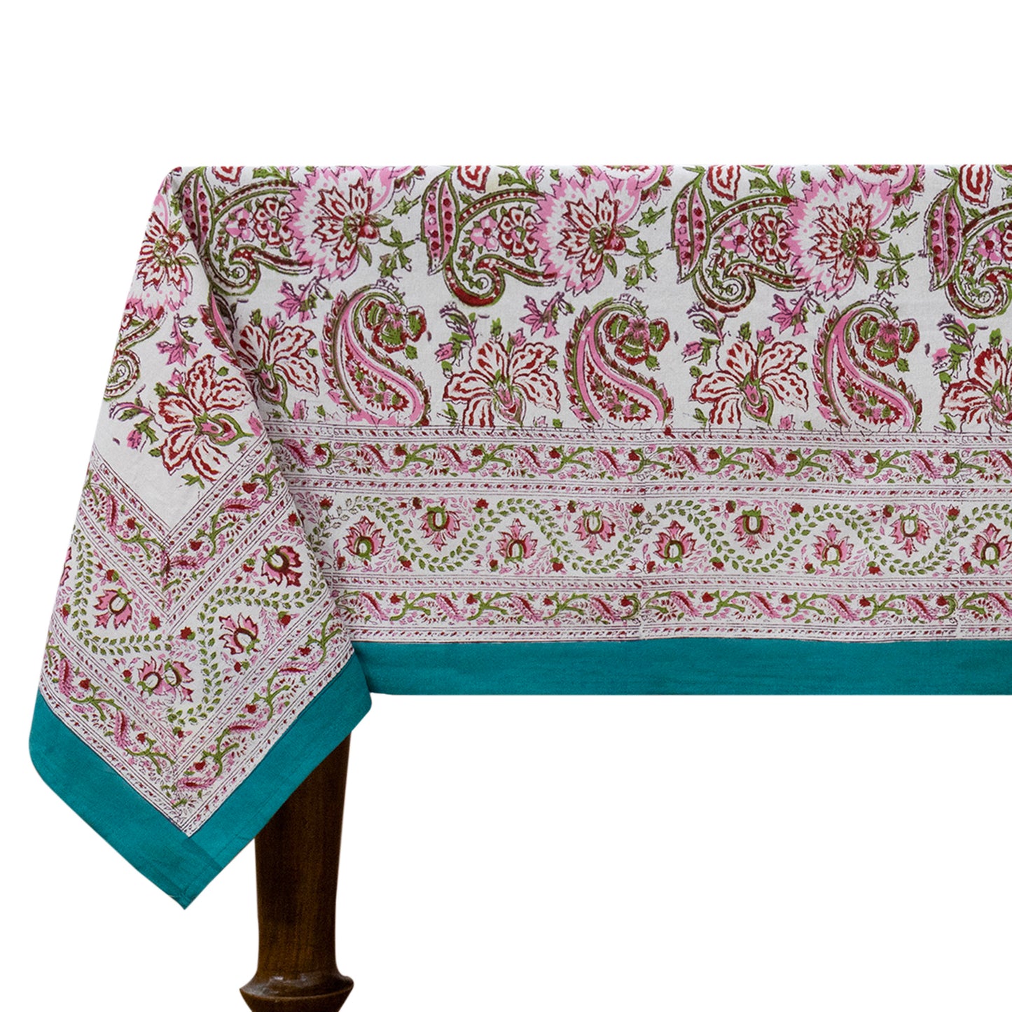 Pink and Green Block Print Cotton Tablecloth, Handmade Indian Rectangle Table Linen - My Store