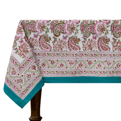 Pink and Green Block Print Cotton Tablecloth, Handmade Indian Rectangle Table Linen - My Store