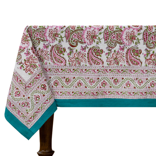 Pink and Green Block Print Cotton Tablecloth, Handmade Indian Rectangle Table Linen - My Store