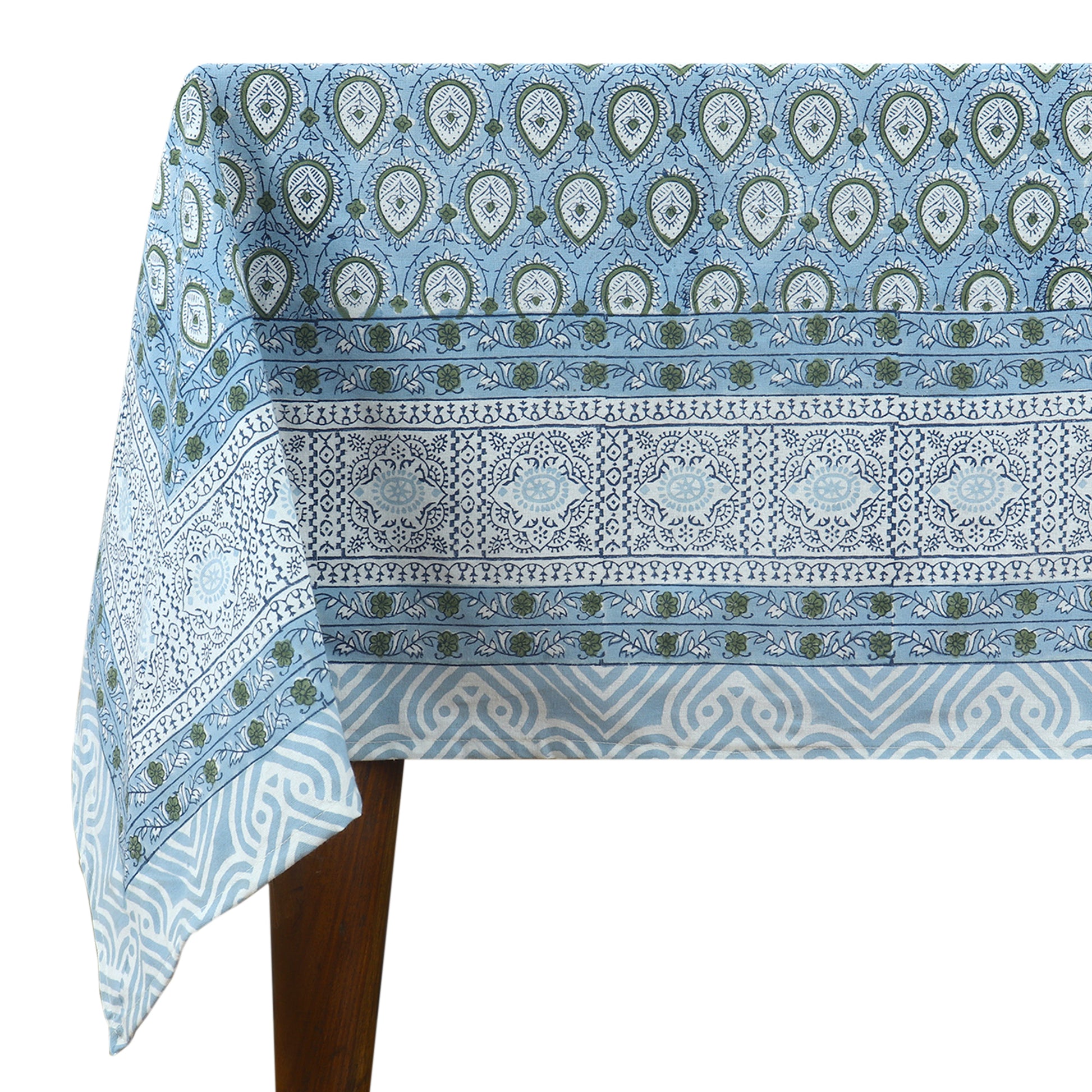 Blue and Green Floral Block Printed Table Cover & Gift for New Home Decoration - My Store