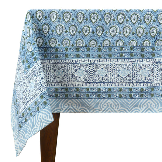 Blue and Green Floral Block Printed Table Cover & Gift for New Home Decoration - My Store
