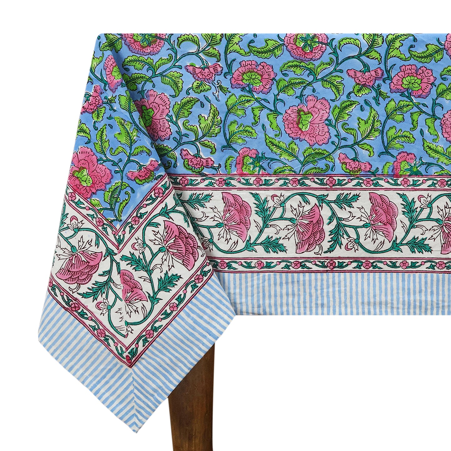 Indian Hand Block Printed Cotton Blue and Pink Rectangle Tablecloth - My Store