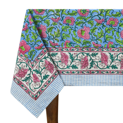 Indian Hand Block Printed Cotton Blue and Pink Rectangle Tablecloth - My Store