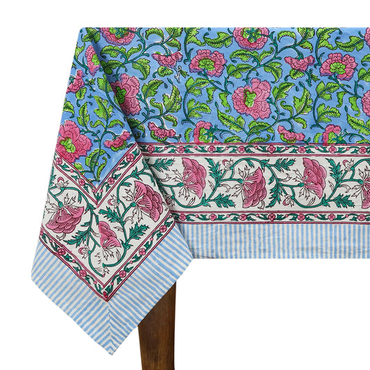 Indian Hand Block Printed Cotton Blue and Pink Rectangle Tablecloth - My Store
