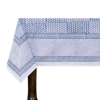Blue and Gray Block Print Cotton Tablecloth, Handmade Indian Rectangle Table Linen - My Store