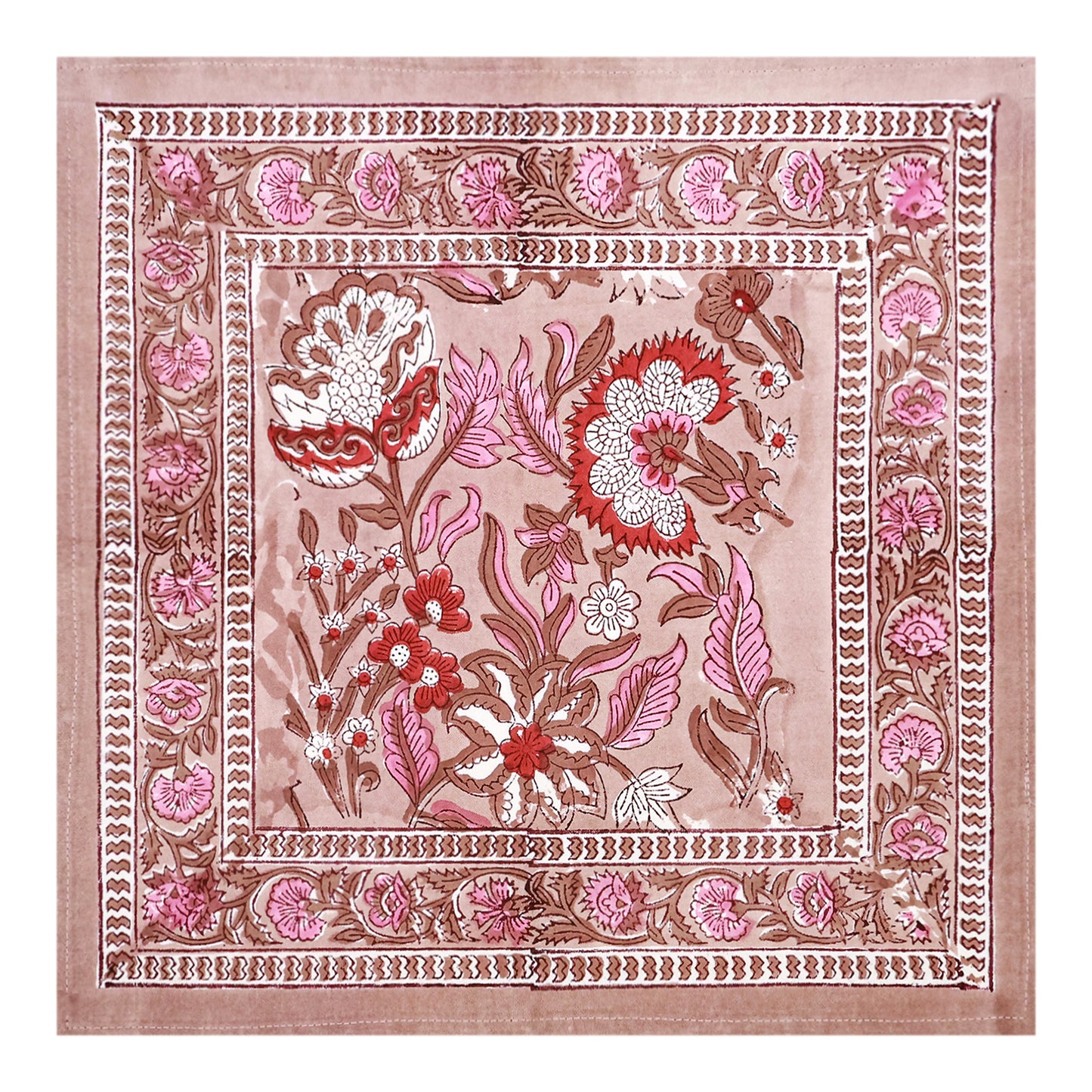 Pink and Brown Hand Block Printed Cotton Napkins Set Of 4 - My Store