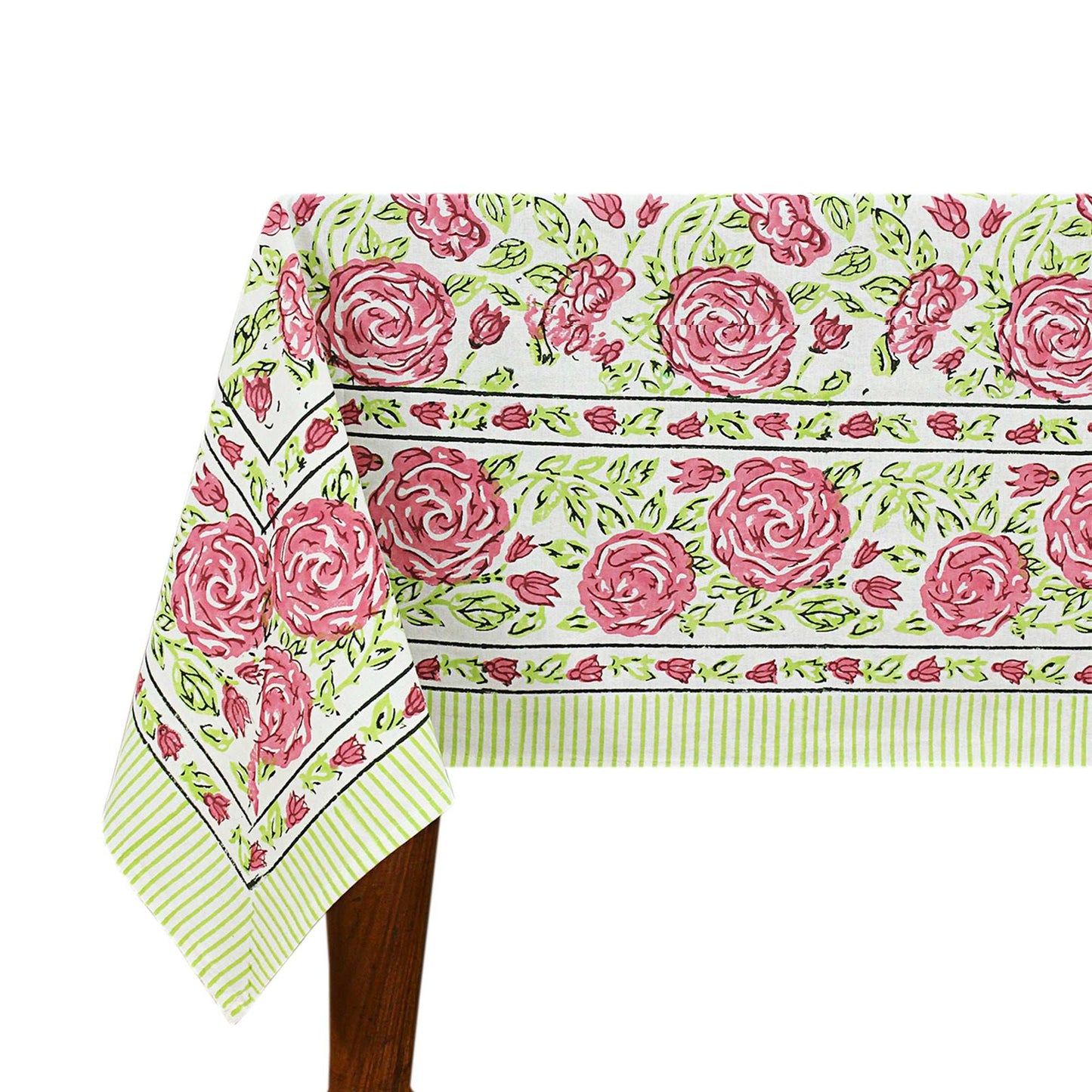 Hand Block Printed Cotton Table Cloth - Pink And Green Table Linens - My Store